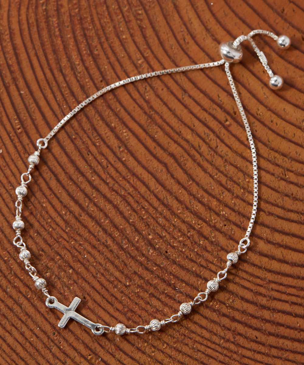 Italian Solid Sterling Silver Adjustable Rosary Cross Bracelet