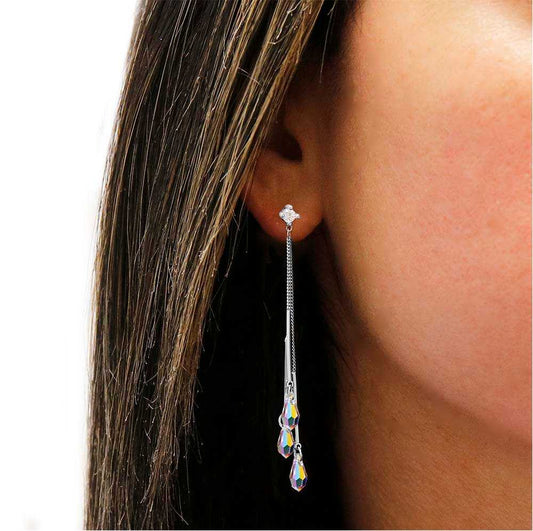 Aurora Borealis Swarovski Crystal Asymmetrical Drop Earrings On Ear