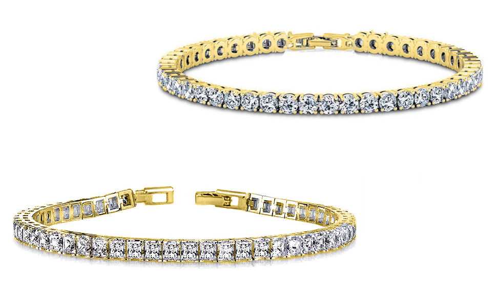 Set of 2 Gold Round And Princess Cut Crystal Tennis Bracelets