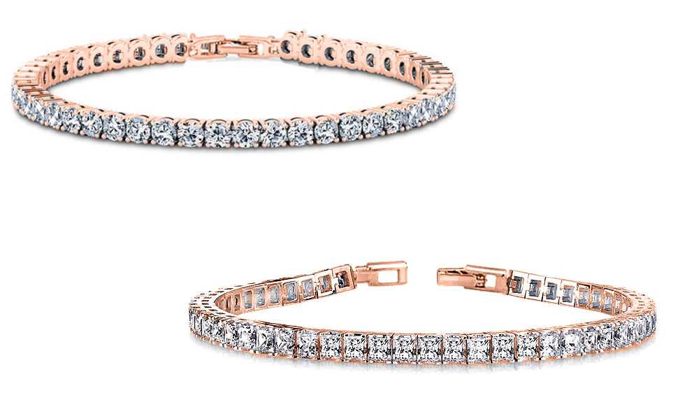 Set of 2 Rose Gold Round And Princess Cut Crystal Tennis Bracelets