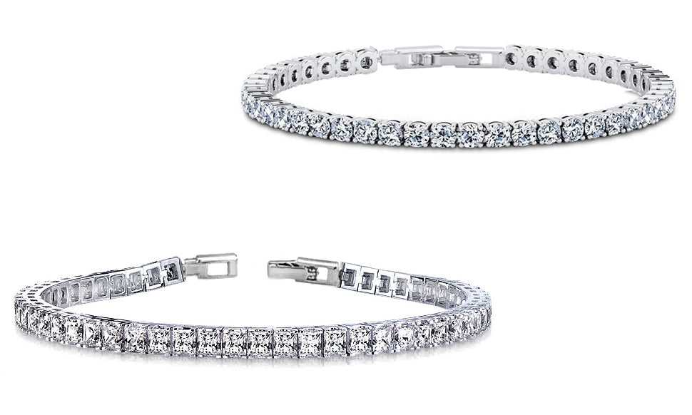 Set of 2 Silver Round And Princess Cut Crystal Tennis Bracelets