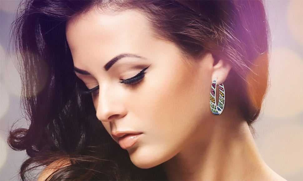 Silver Graduated Multi-color Crystal Hoop Earrings on Models Ear