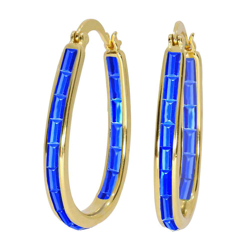 18K Gold Plated Created Sapphire Emerald Cut Gemstone Hoop Earrings