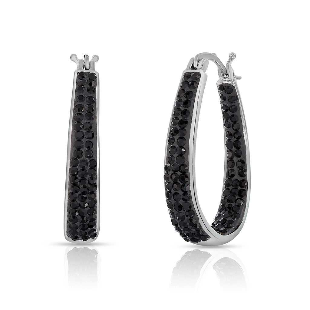18kt White Gold Plated Graduated Black Crystal Hoop Earring
