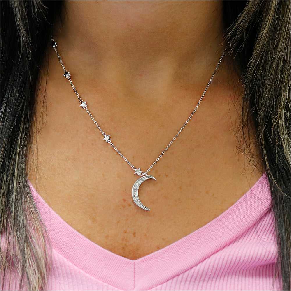 Crystal Crescent Star And Moon Necklace Made With Swarovski Elements On Neck