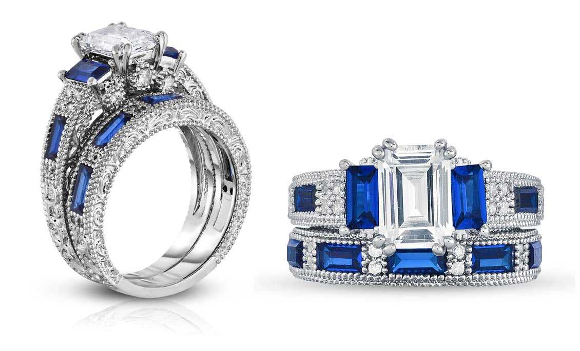 Emerald Cut Sapphire Ring and Band Set