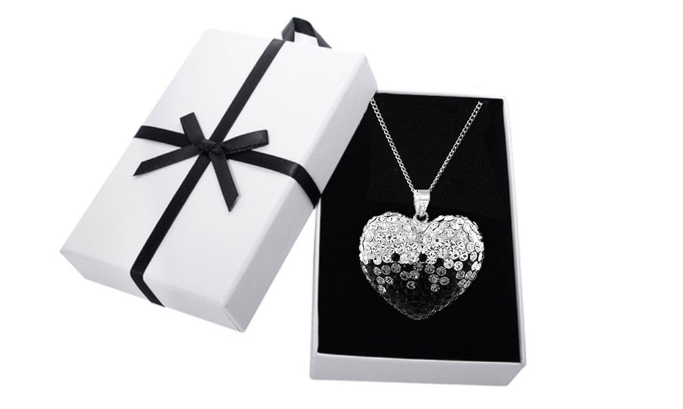 Black And White Sterling Silver Crystal Studded Heart Necklace In Box