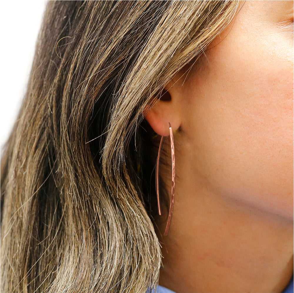 Rose Gold Italian Sterling Silver Threader Bar Drop Earrings On Ear
