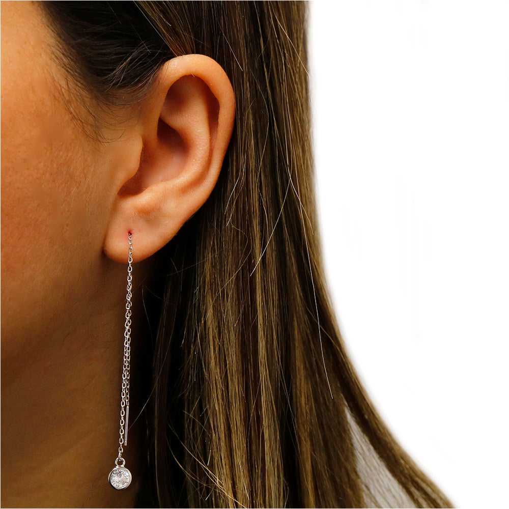 Sterling Silver Bezel Set Crystal Threader Earrings Made With Swarovski Elements On Ear