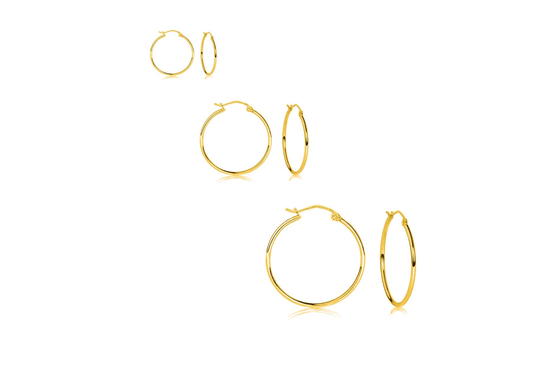 Set of 3 Gold Sterling Silver 15mm, 25mm, and 35mm Classic Hoop Earrings