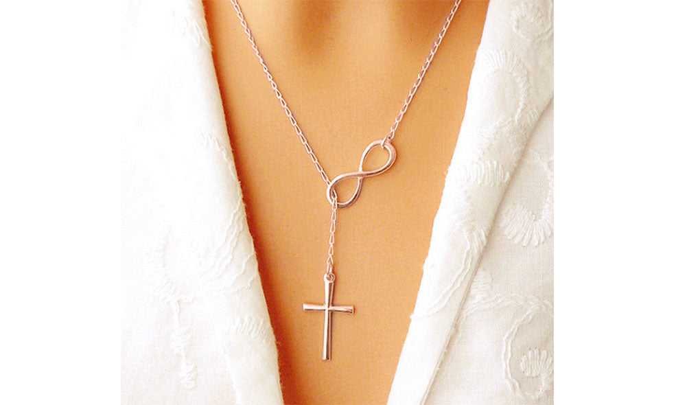 Rose Gold Italian Made Solid Sterling Silver Infinity Cross Lariat Necklace On Neck