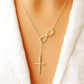 Gold Italian Made Solid Sterling Silver Infinity Cross Lariat Necklace On Neck