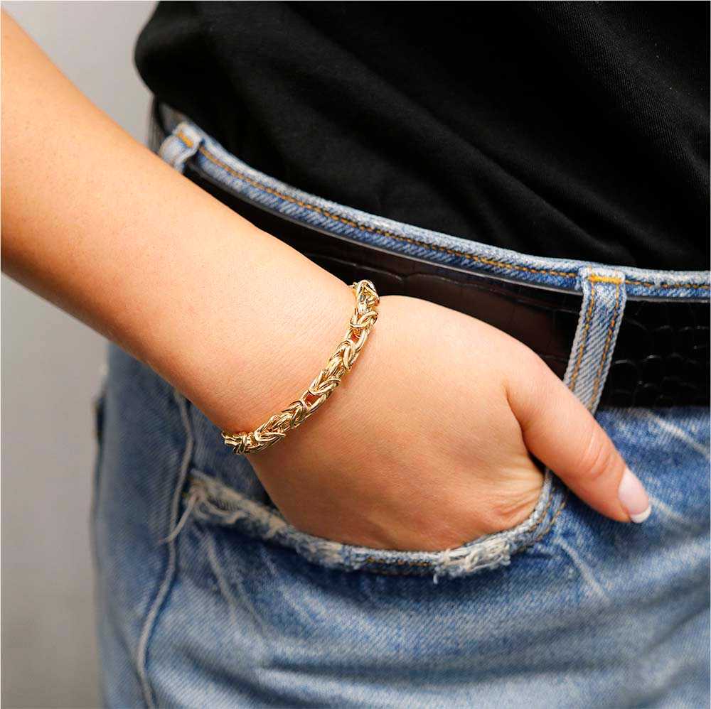 Gold Italian Sterling Silver Adjustable Byzantine Bracelet On Wrist