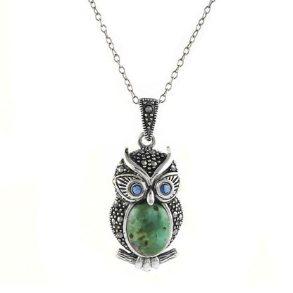 Genuine Turquoise and Marcasite Sterling Silver Owl Necklace