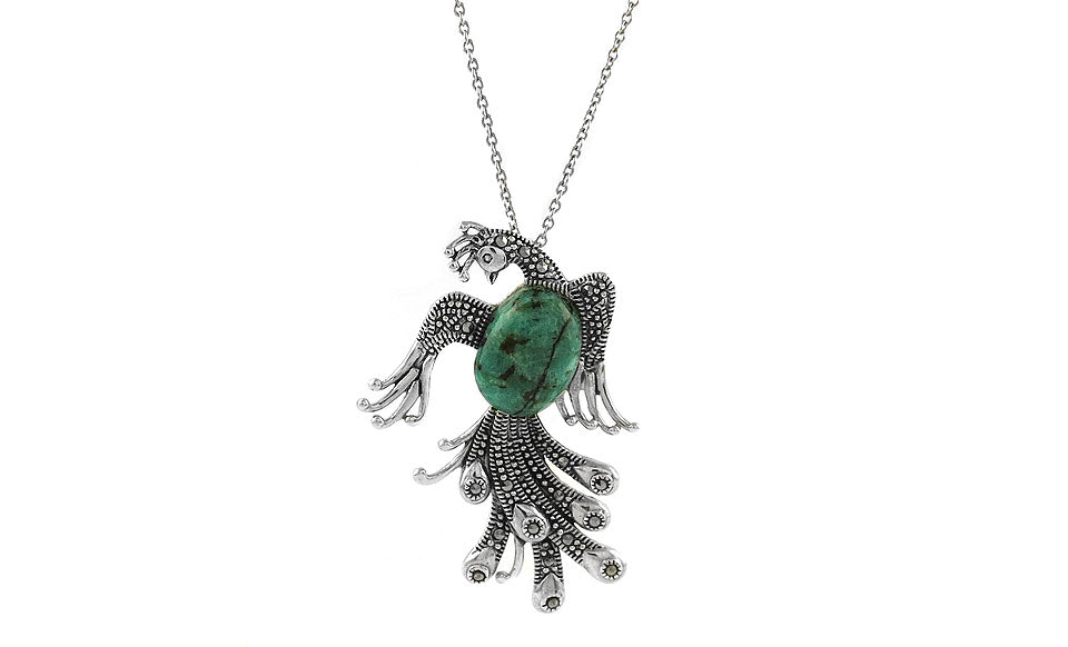 Genuine Turquoise and Marcasite Sterling Silver Peacock Necklace