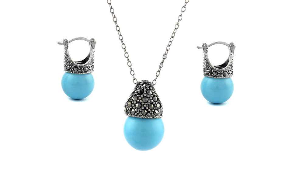 Turquoise Genuine Marcasite And Pearl Sterling Silver Earring And Necklace Set