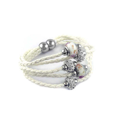 White Braided Leather Bracelet with Murano Beads and Austrian Crystals