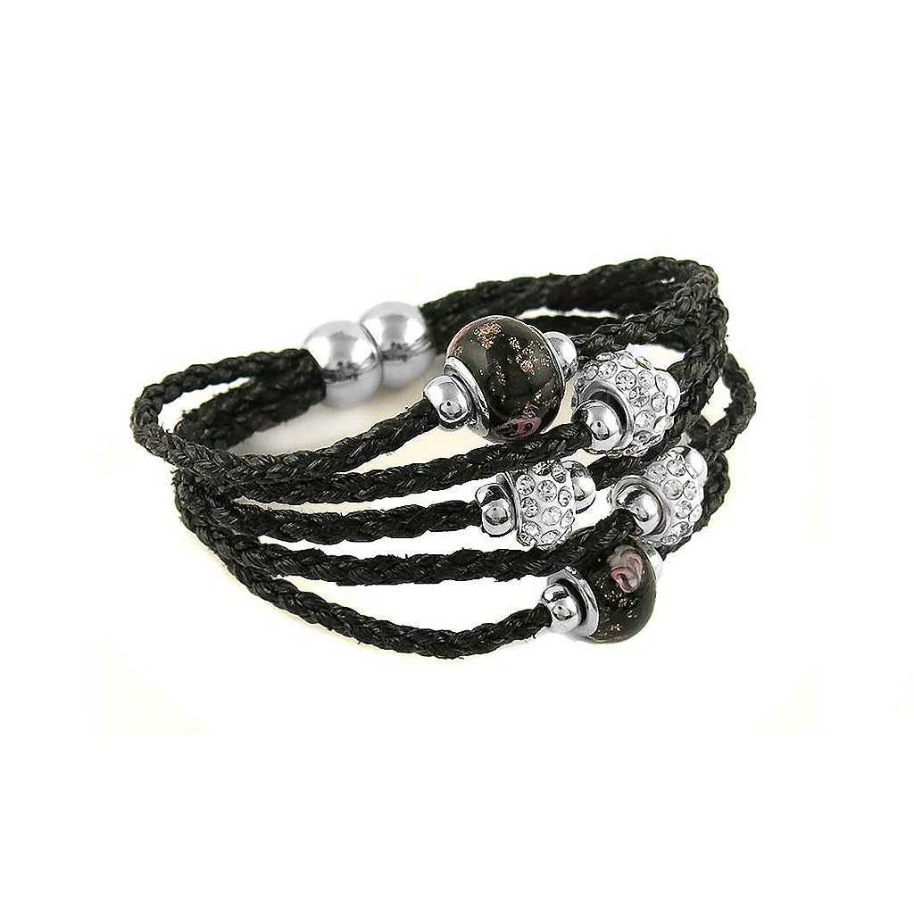 Braided black leather Bracelet with Murano beads and Austrian Crystals