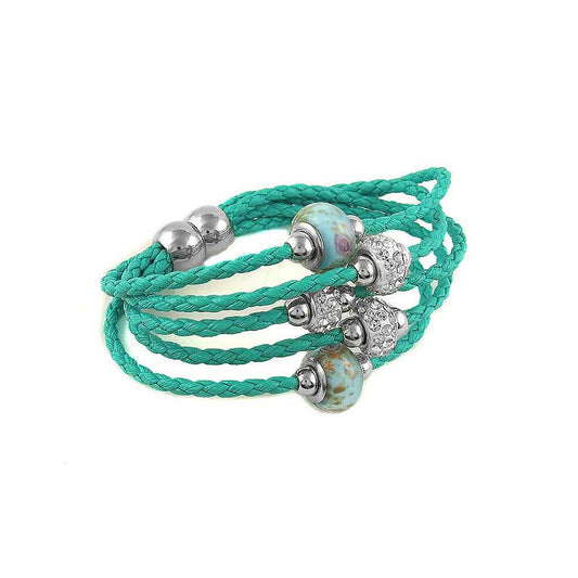 Braided turquoise leather Bracelet with Murano beads and Austrian Crystals