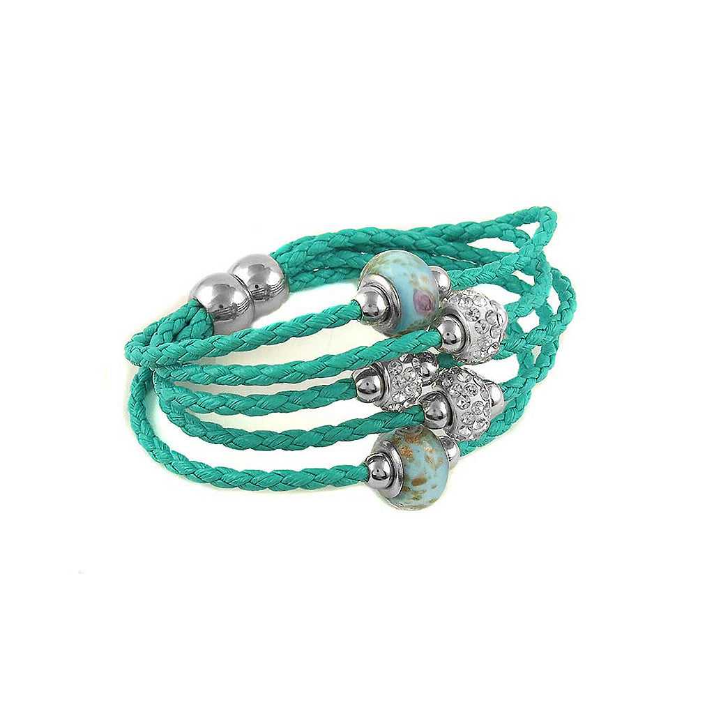 Braided turquoise leather Bracelet with Murano beads and Austrian Crystals