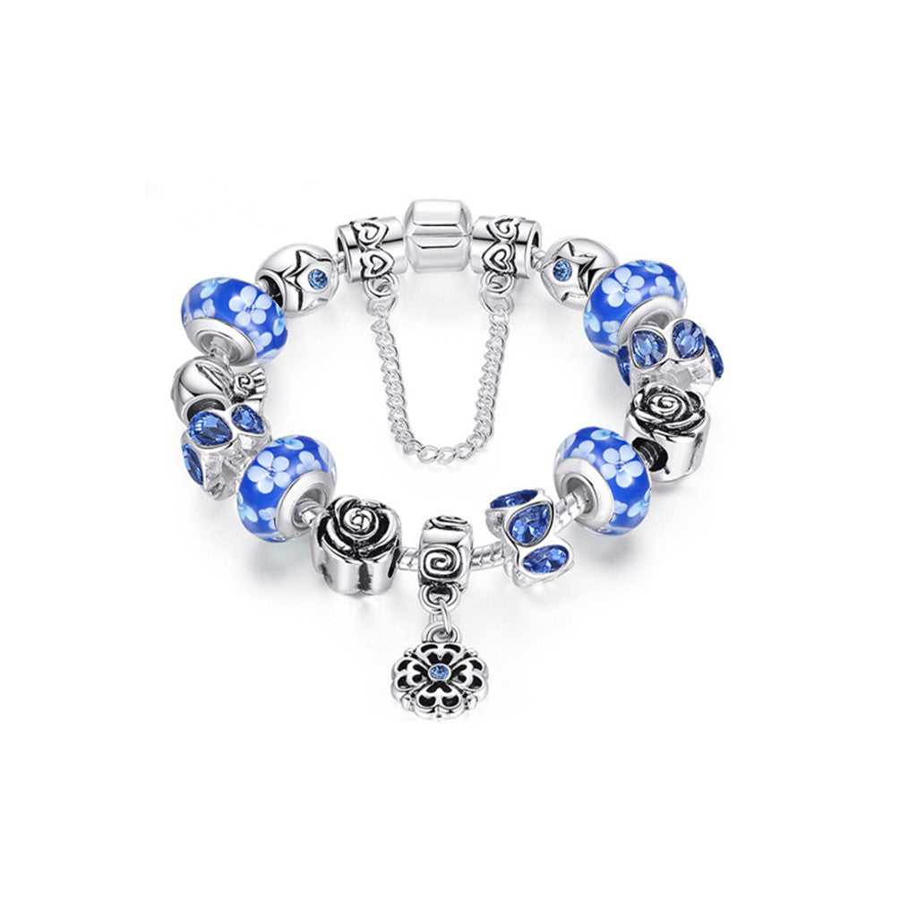 Blue Murano Bracelet With Flower Charm and Austrian Crystals