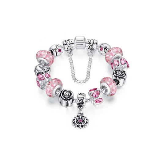 Pink Murano Bracelet With flower Charm and Austrian Crystals