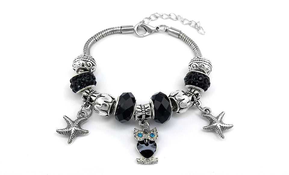 Black Crystal Owl Charm Bracelet