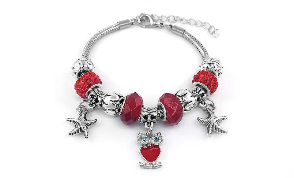 Red Crystal Owl Charm Bracelet
