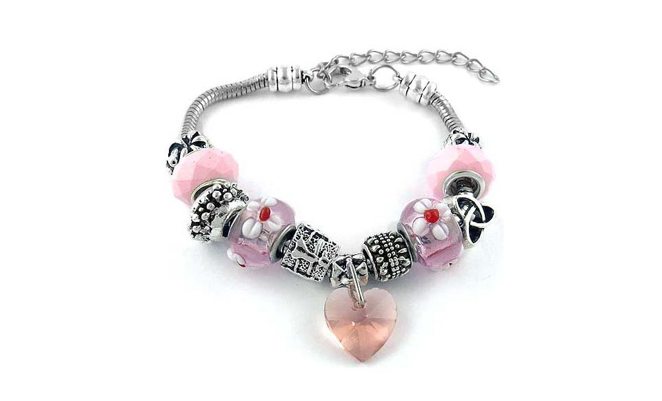 Pink Crystal Heart Charm Bracelet