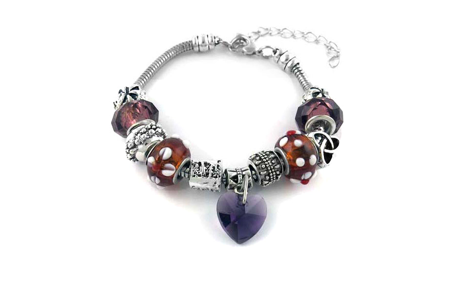 Purple Crystal Heart Charm Bracelet