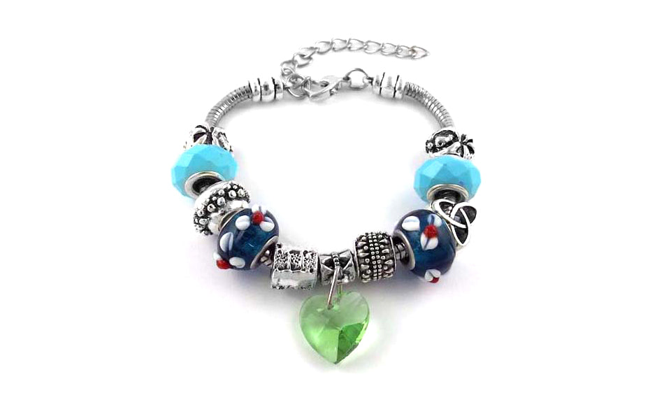 Turquoise Crystal Heart Charm Bracelet