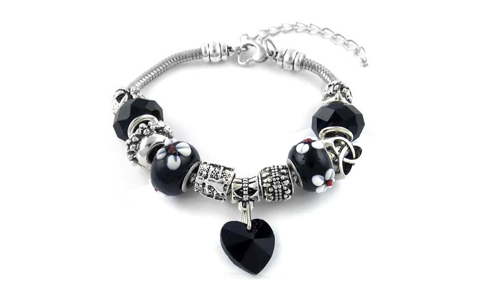 Black Crystal Heart Charm Bracelet