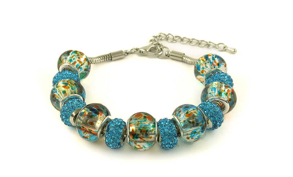 Blue Genuine Murano Bead And Crystal Charm Bracelets