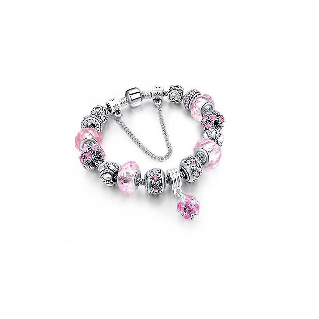 Pink Crystal Bead Bracelet With Ball Charm and Austrian Crystals
