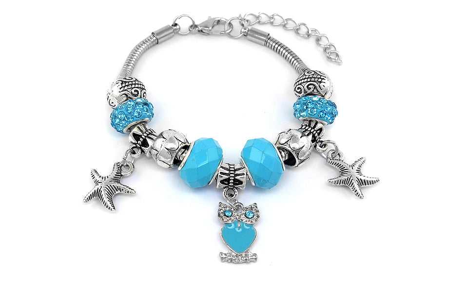 Turquoise Crystal Owl Charm Bracelet