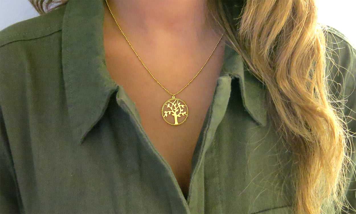 Gold Italian Sterling Silver Diamond Cut Tree Of Life Necklace On Neck