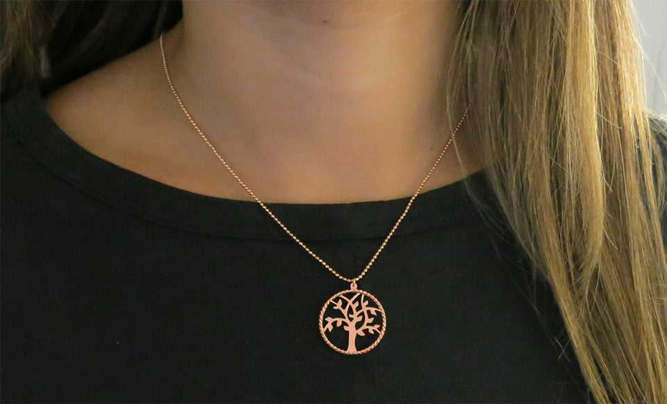 Rose Gold Italian Sterling Silver Diamond Cut Tree Of Life Necklace On Neck