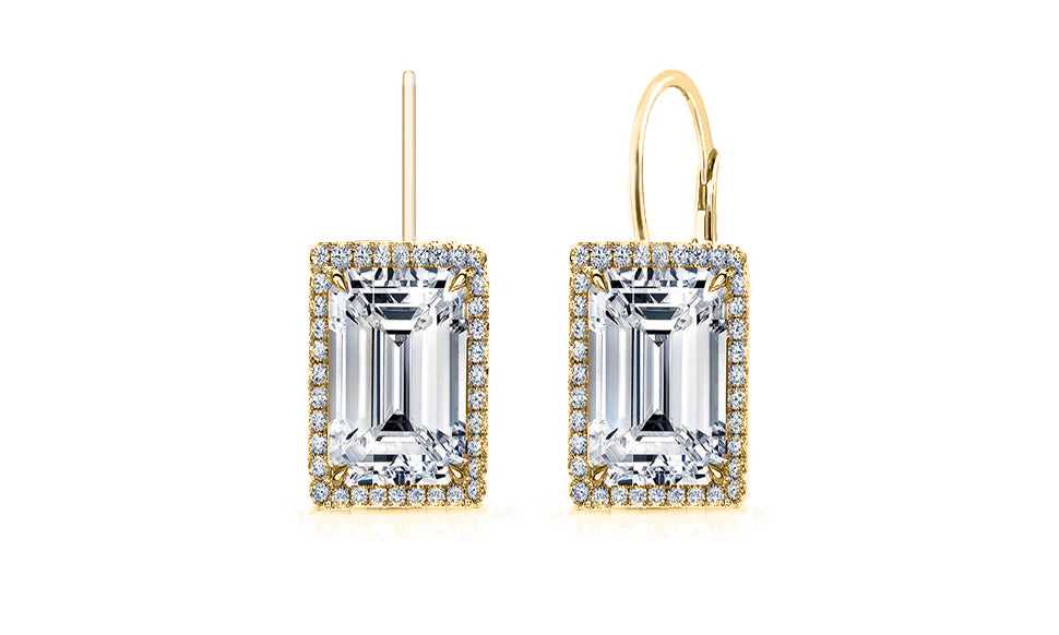 Gold Emerald Cut Crystal Leverback Earrings