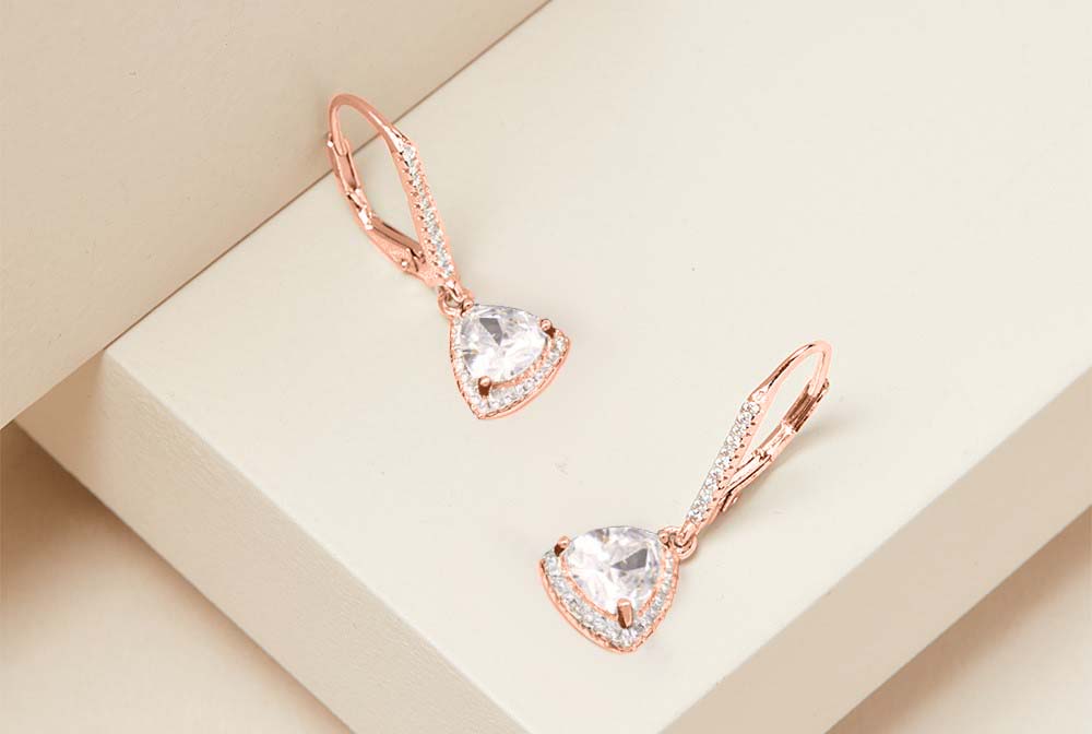 Rose Gold Trillion Cut Crystal Leverback Earrings Made With Swarovski Elements