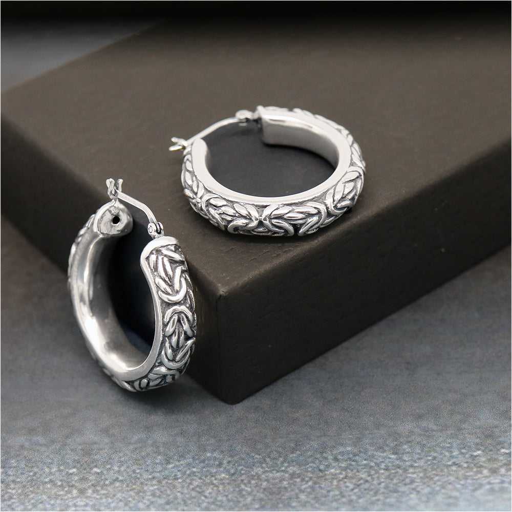 Sterling Silver Artisan Oxidized Byzantine Hoop Earrings