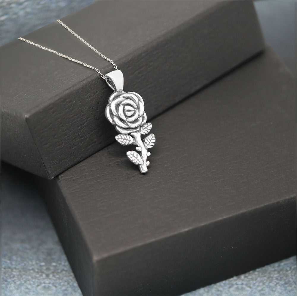 Italian Sterling Silver Artisan Rose Flower Necklace On Box Display