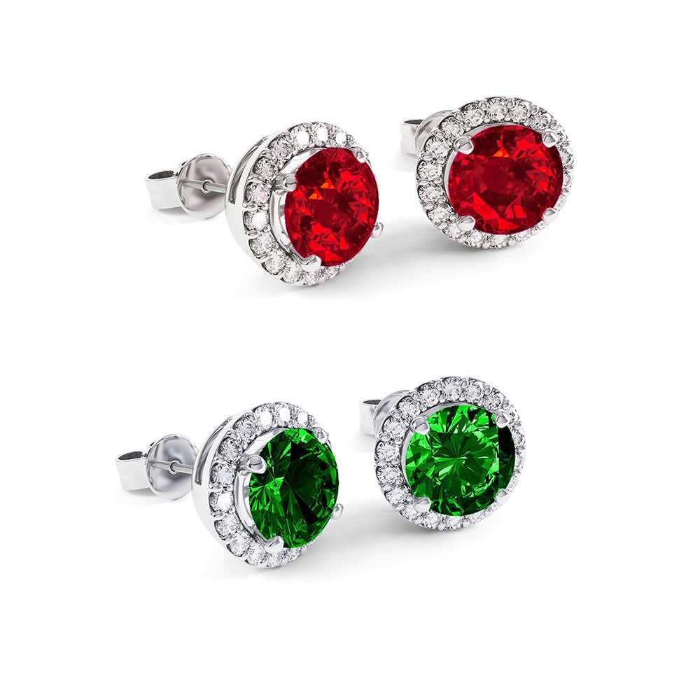 Sterling Silver Ruby or Emerald Halo Stud Earrings