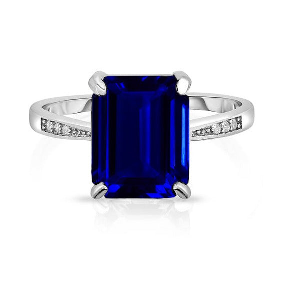 Sapphire Lab Created Emerald Cut Gemstone Sterling Silver Ring