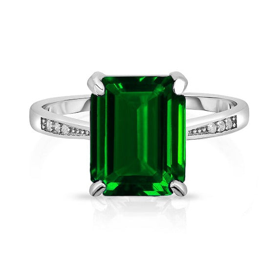 Emerald Lab Created Emerald Cut Gemstone Sterling Silver Ring