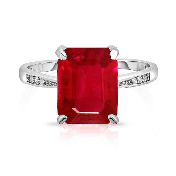 Ruby Lab Created Emerald Cut Gemstone Sterling Silver Ring