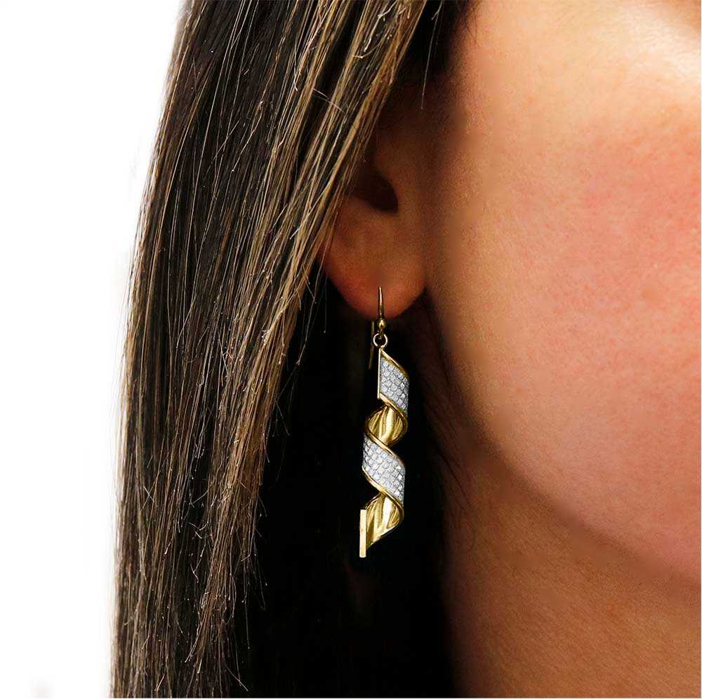 Gold Italian Sterling Silver Pave Spiral Drop Earrings On Ear