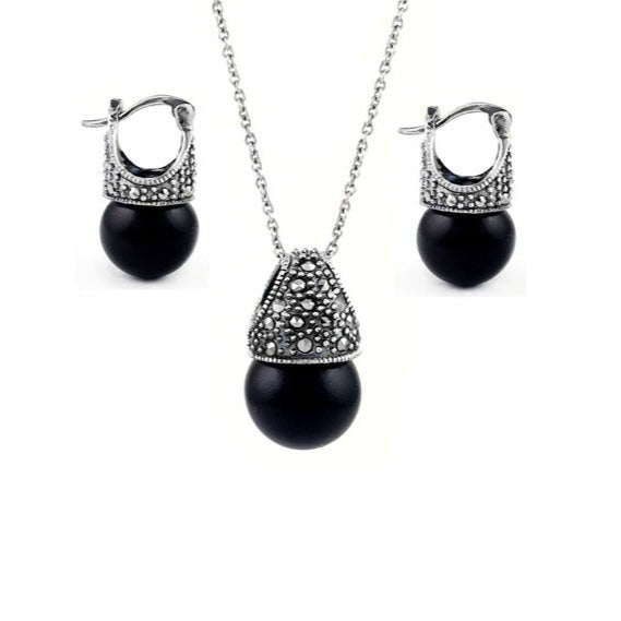 Black Genuine Marcasite And Pearl Sterling Silver Earring And Necklace Set