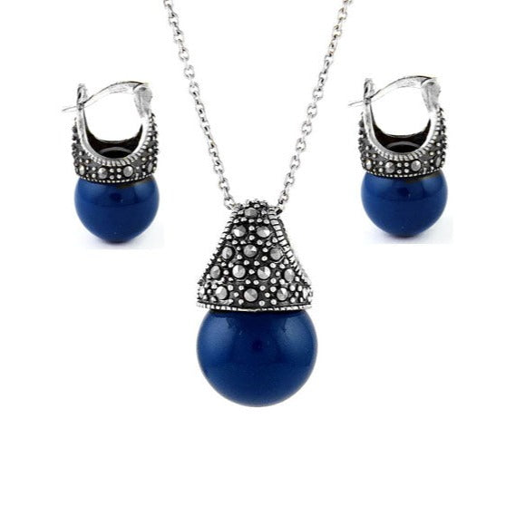 Blue Genuine Marcasite And Pearl Sterling Silver Earring And Necklace Set