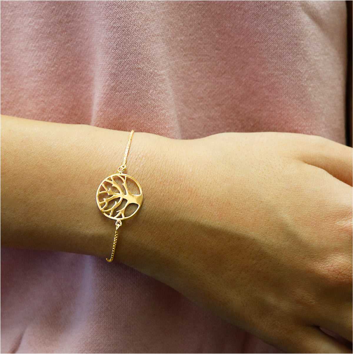 Gold Italian Sterling Silver Tree Of Life Adjustable Bracelet On Wrist