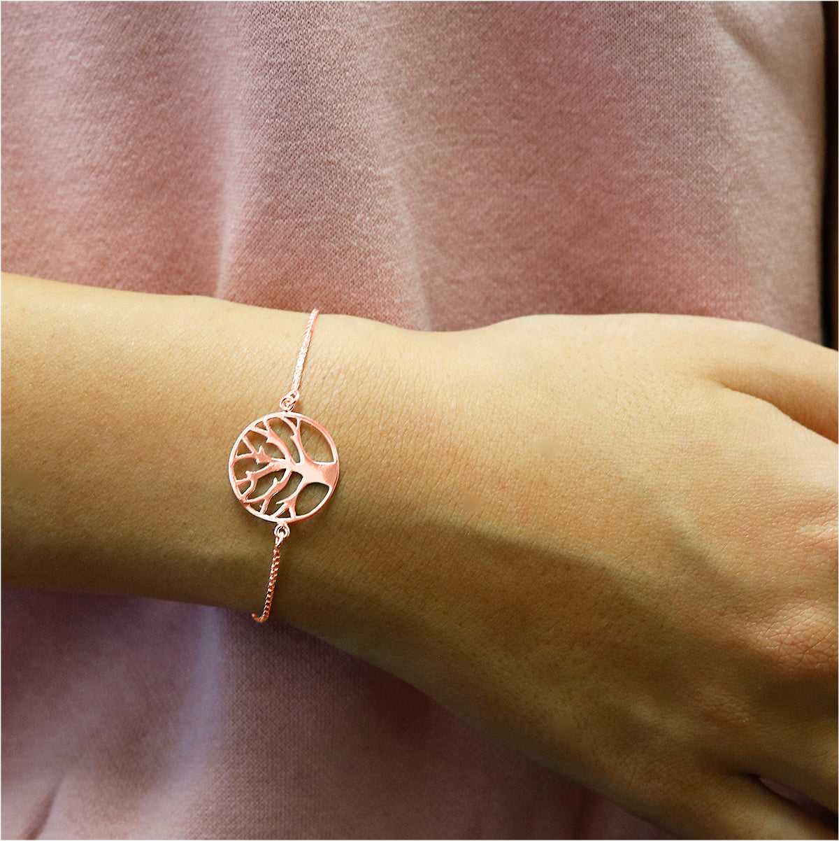 Rose Gold Italian Sterling Silver Tree Of Life Adjustable Bracelet On Wrist
